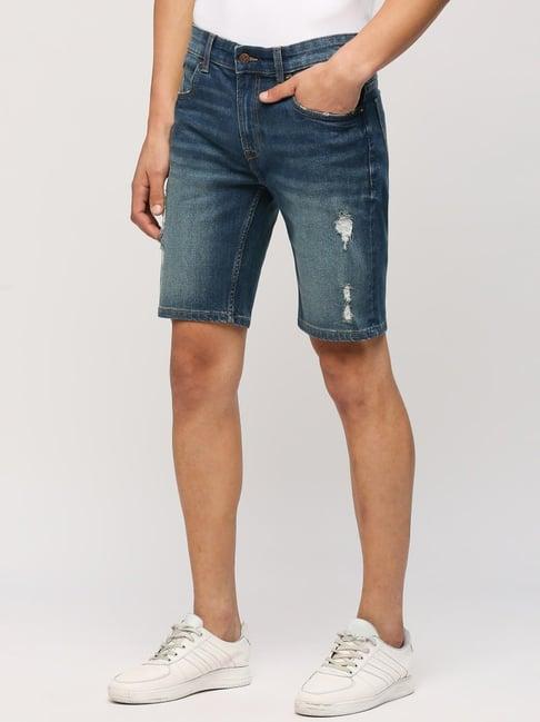 pepe jeans mid indigo blue regular fit distressed denim shorts