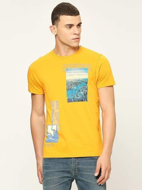 pepe jeans mustard yellow cotton slim fit printed t-shirt