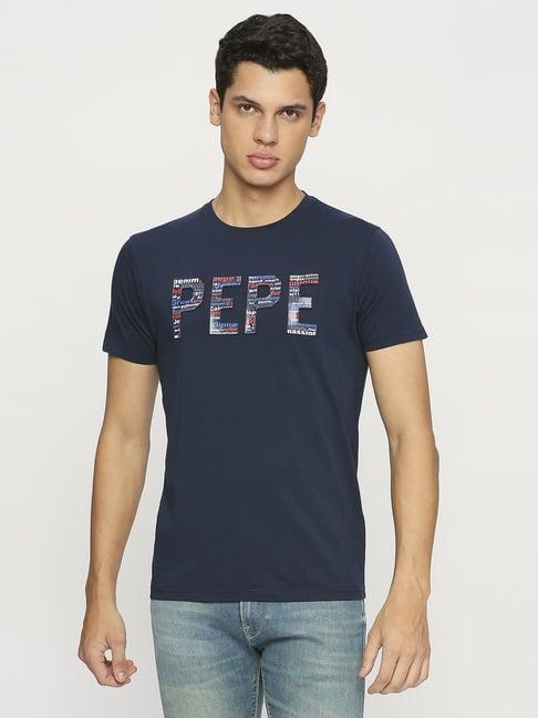 pepe jeans navy cotton slim fit printed t-shirt