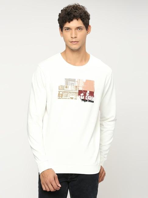 pepe jeans off white cotton regular fit printed sweatshirt