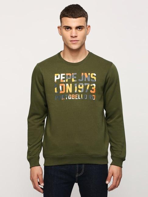 pepe jeans olive green regular fit printed sweatshirt