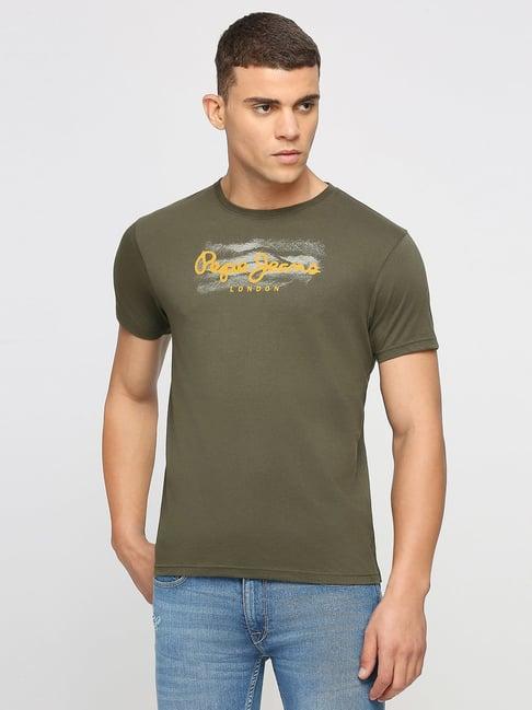 pepe jeans olive slim fit graphic print crew t-shirt