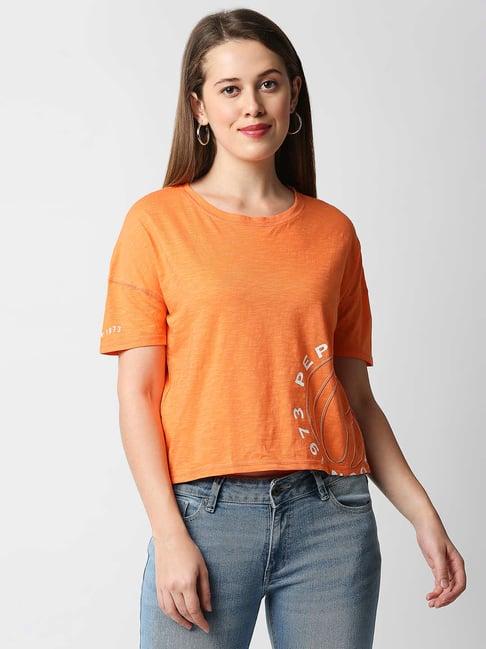 pepe jeans orange cotton graphic print t-shirt