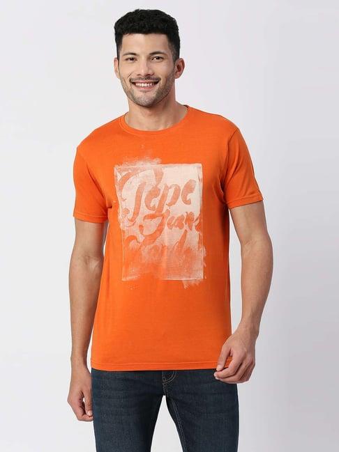 pepe jeans orange cotton regular fit printed t-shirt