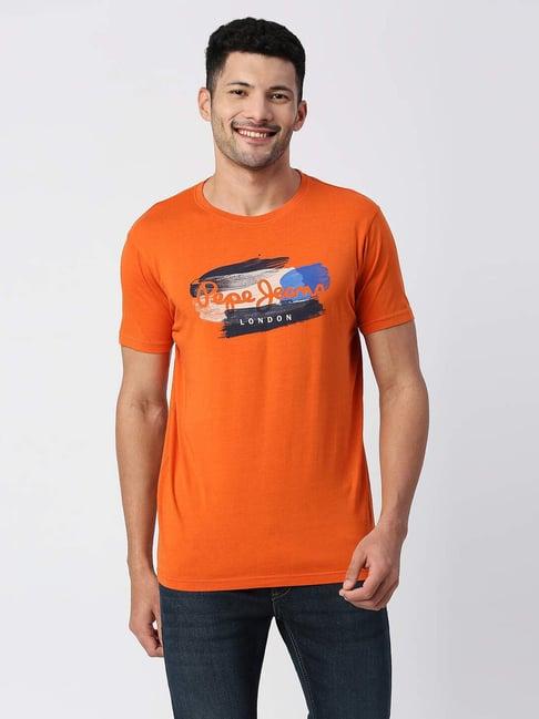 pepe jeans orange cotton regular fit printed t-shirt