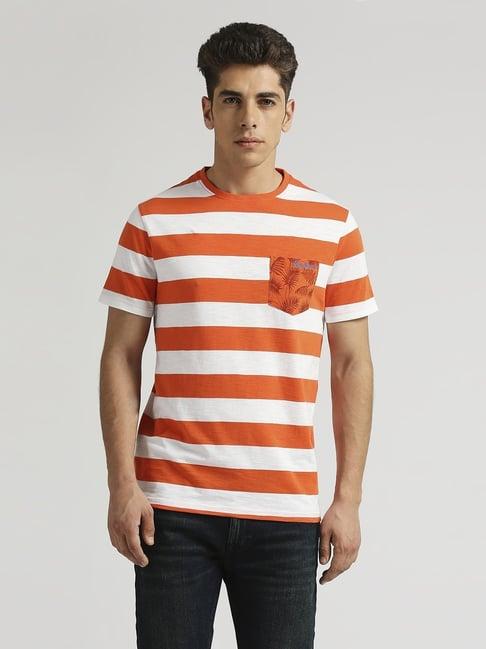 pepe jeans orange cotton slim fit striped t-shirt