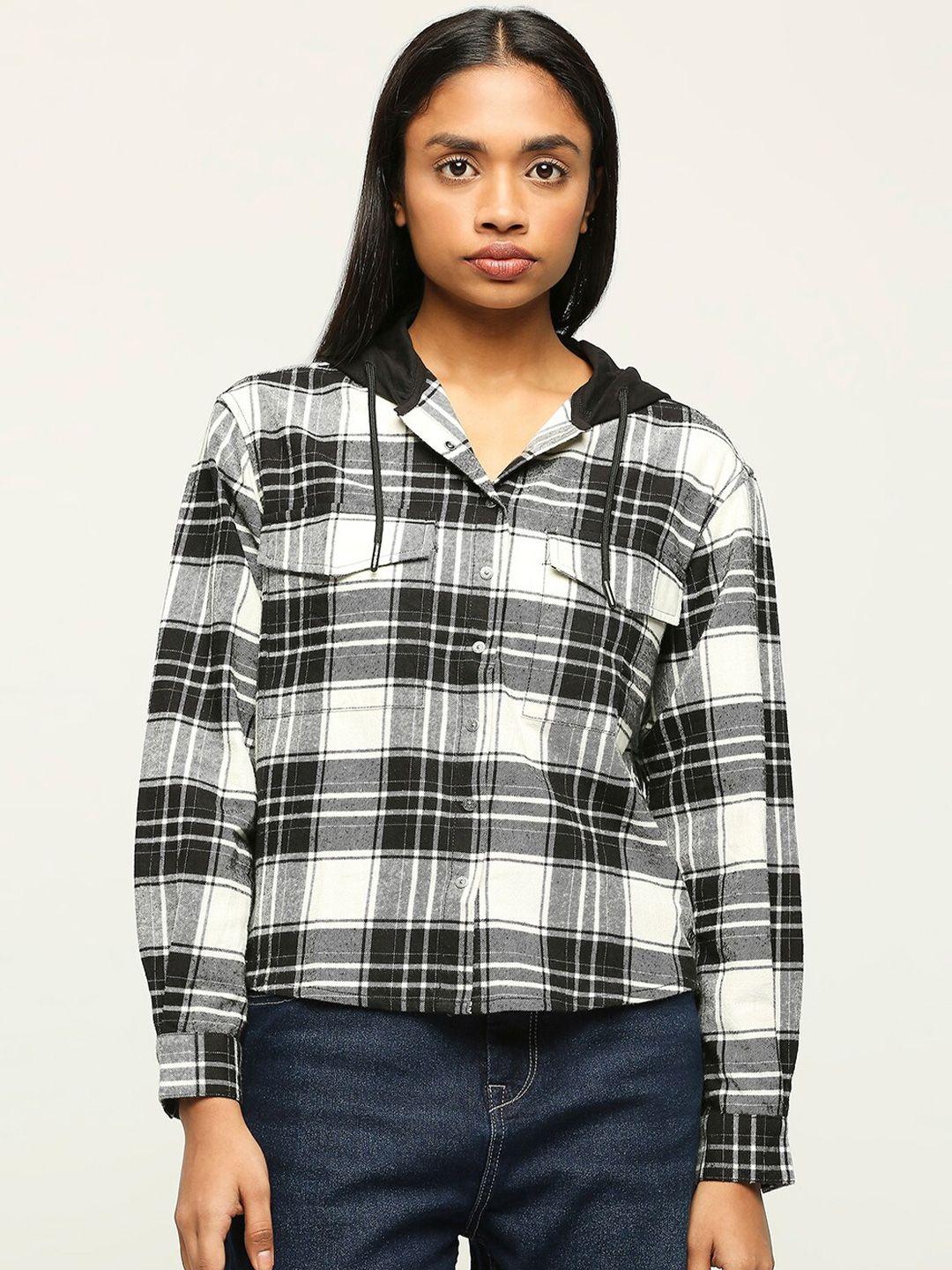 pepe jeans oversized tartan checks hooded long sleeves cotton casual shacket