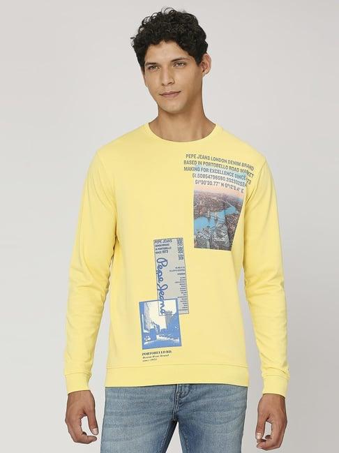 pepe jeans pale yellow cotton regular fit printed sweatshirt