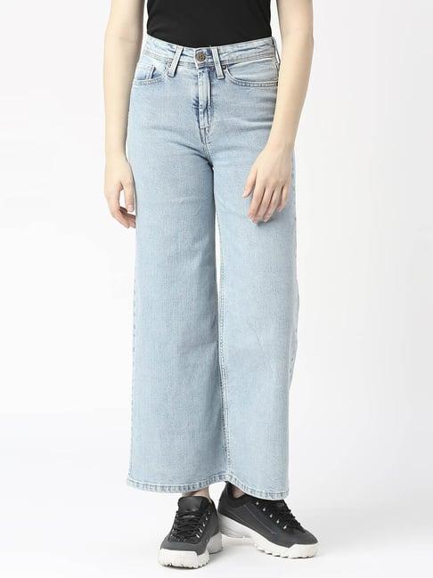 pepe jeans powder blue cotton high rise wide leg jeans