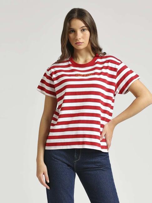 pepe jeans red & white cotton striped t-shirt