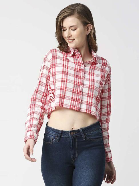 pepe jeans red cotton chequered crop shirt