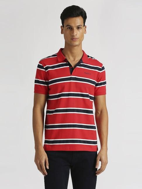 pepe jeans red cotton regular fit striped polo t-shirt