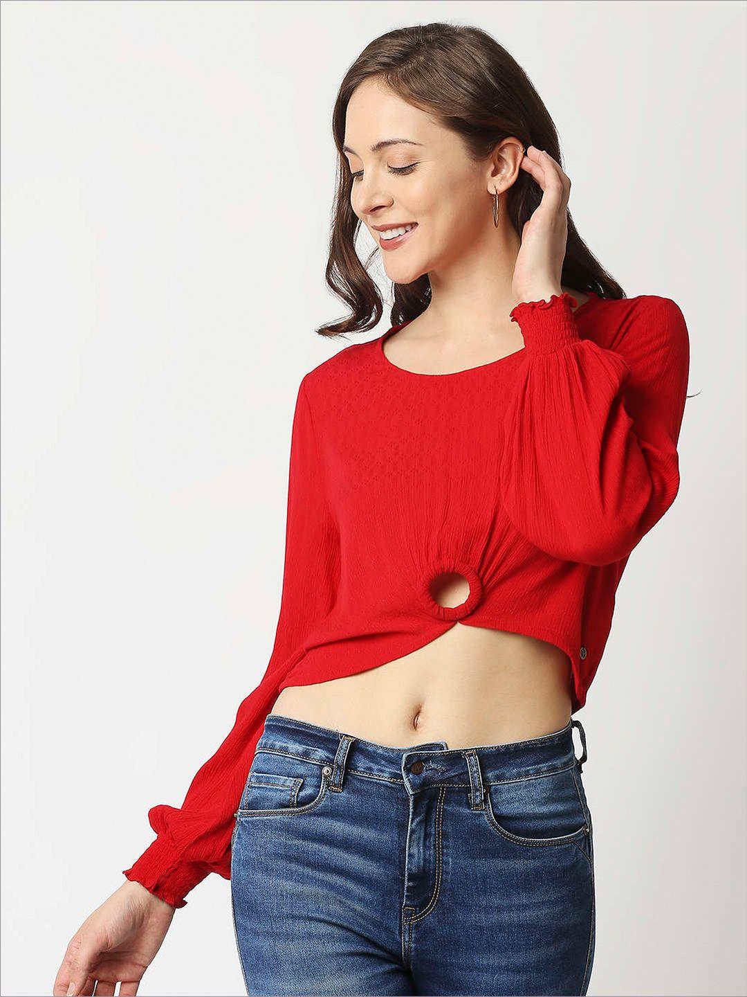 pepe jeans red crop top with ring details on waist