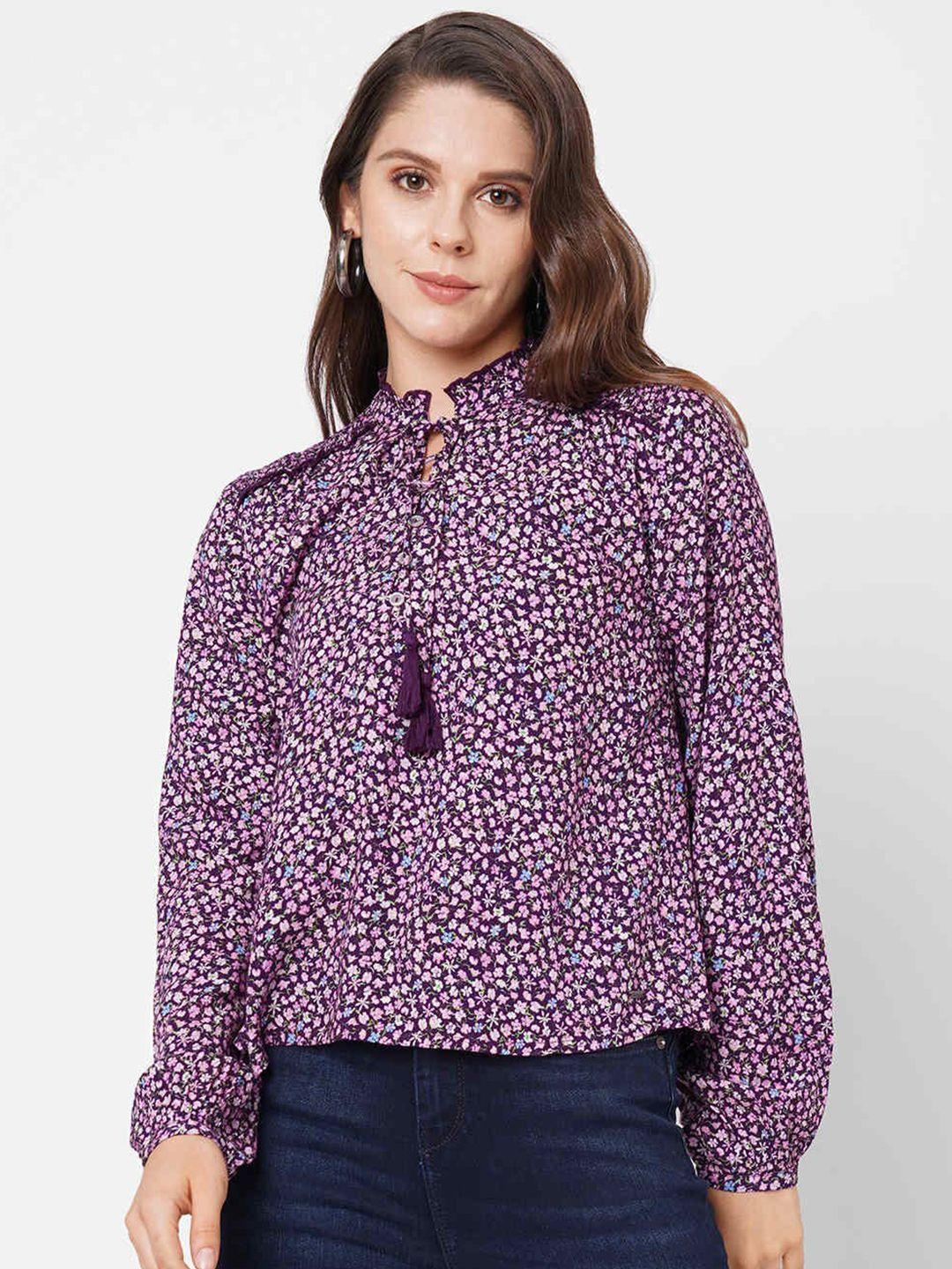 pepe jeans red floral print tie-up neck crepe top