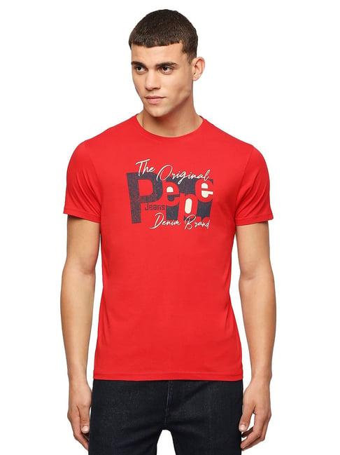 pepe jeans red slim fit graphic print cotton crew t-shirt