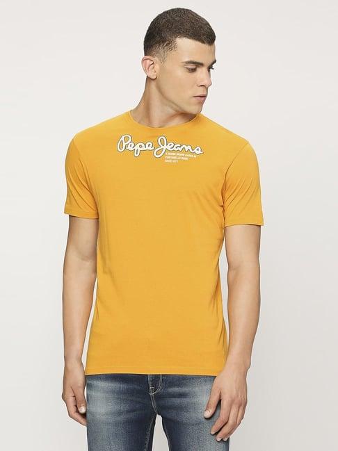 pepe jeans rugby yellow cotton slim fit printed t-shirt