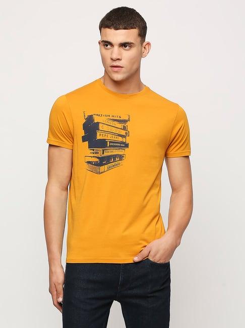 pepe jeans rugby yellow slim fit graphic print cotton crew t-shirt