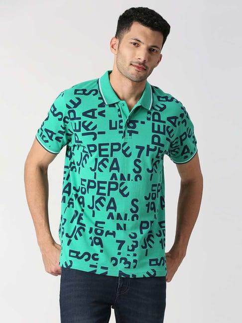 pepe jeans russo green regular fit printed cotton polo t-shirt