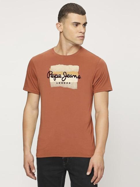 pepe jeans salmon orange cotton slim fit printed t-shirt