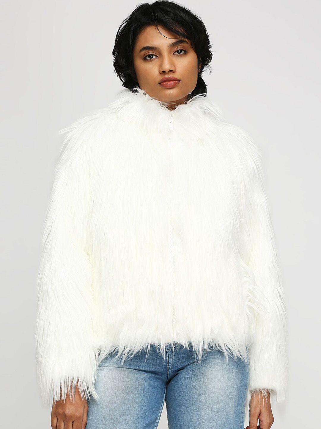 pepe jeans self design faux fur trim open front jacket