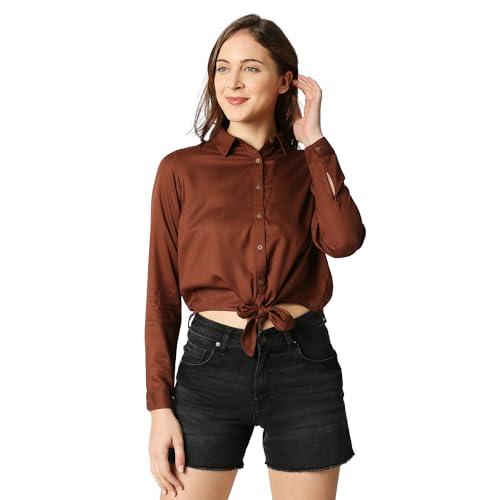 pepe jeans solid viscose collar neck womens casual shirt (brown, large)