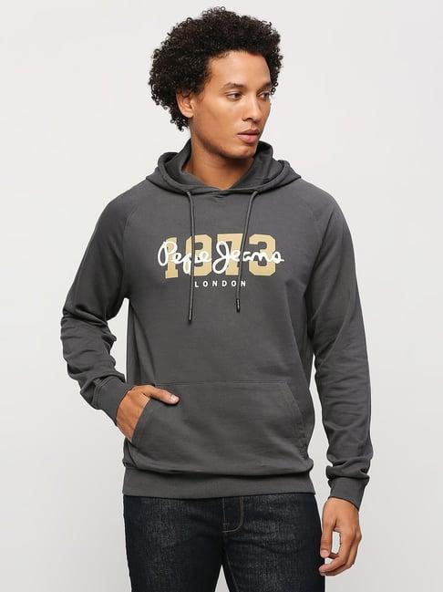 pepe jeans thunder grey cotton regular fit printed hooded sweatshirt