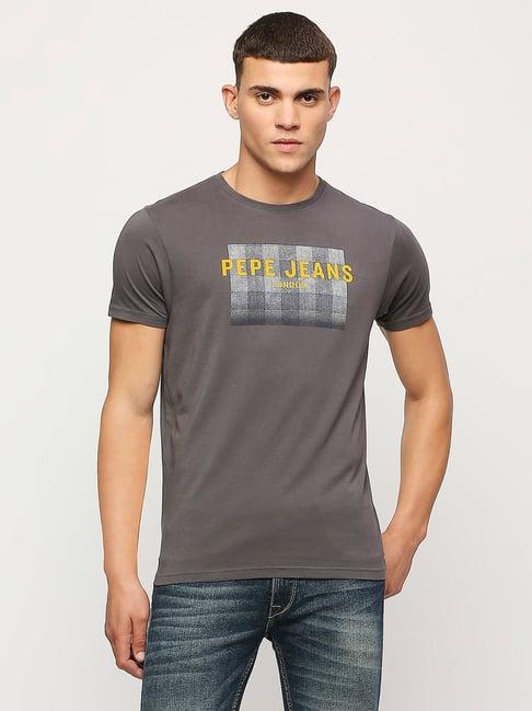 pepe jeans thunder grey slim fit graphic print cotton crew t-shirt