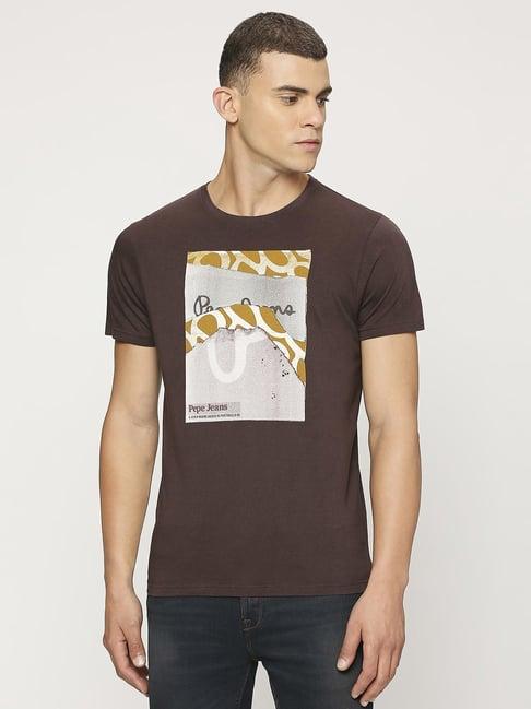 pepe jeans trail brown cotton slim fit printed t-shirt