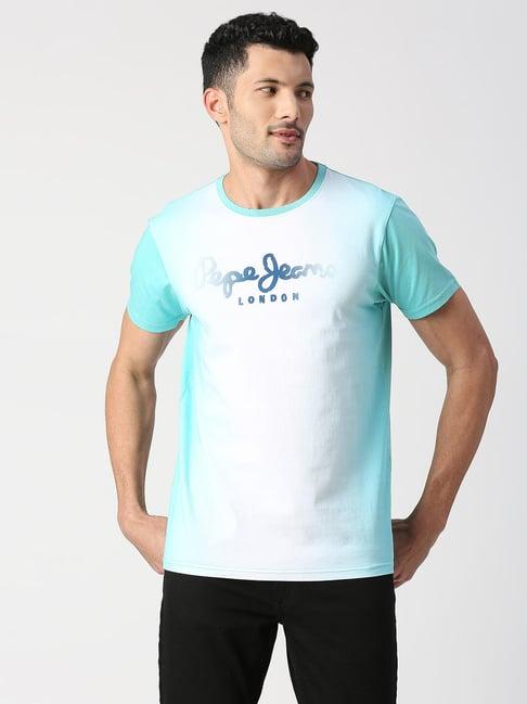 pepe jeans west sir turquoise slim fit printed cotton crew t-shirt