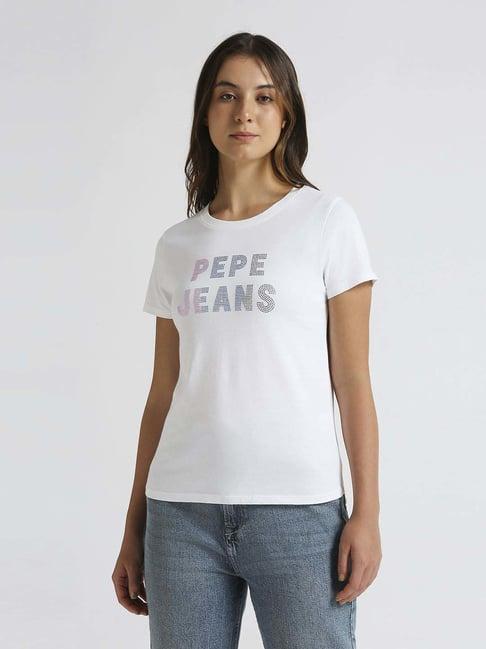 pepe jeans white cotton embellished t-shirt