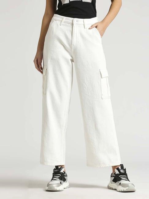 pepe jeans white cotton high rise flared jeans