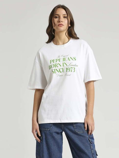 pepe jeans white cotton printed t-shirt