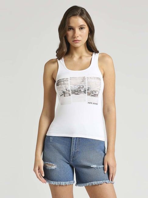 pepe jeans white cotton printed t-shirt