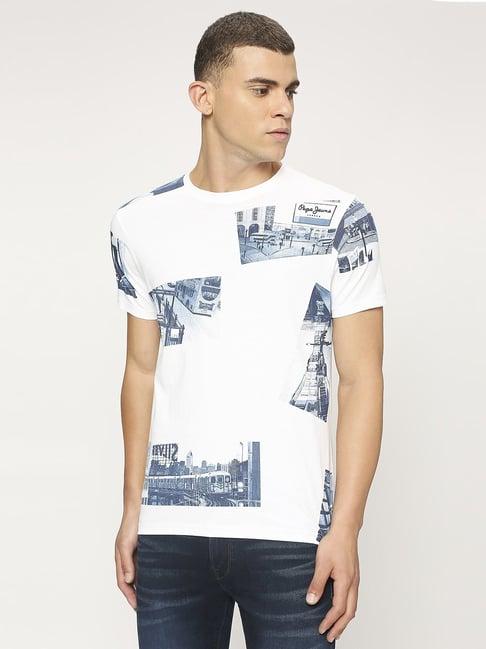 pepe jeans white cotton slim fit printed t-shirt