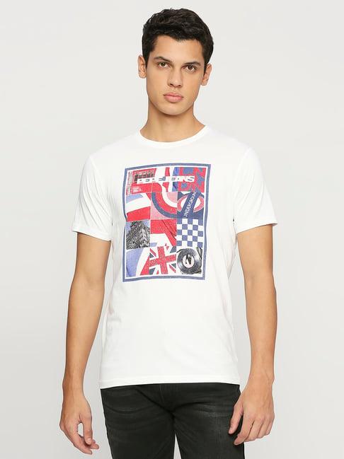 pepe jeans white slim fit graphic print cotton crew t-shirt