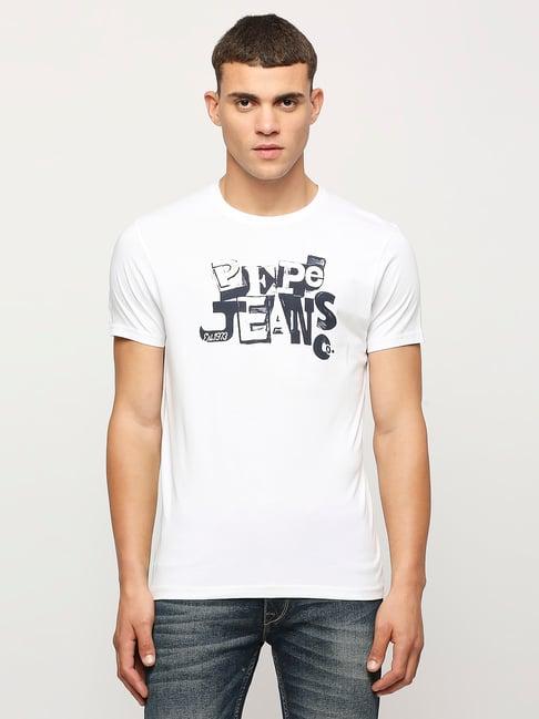 pepe jeans white slim fit graphic print cotton crew t-shirt