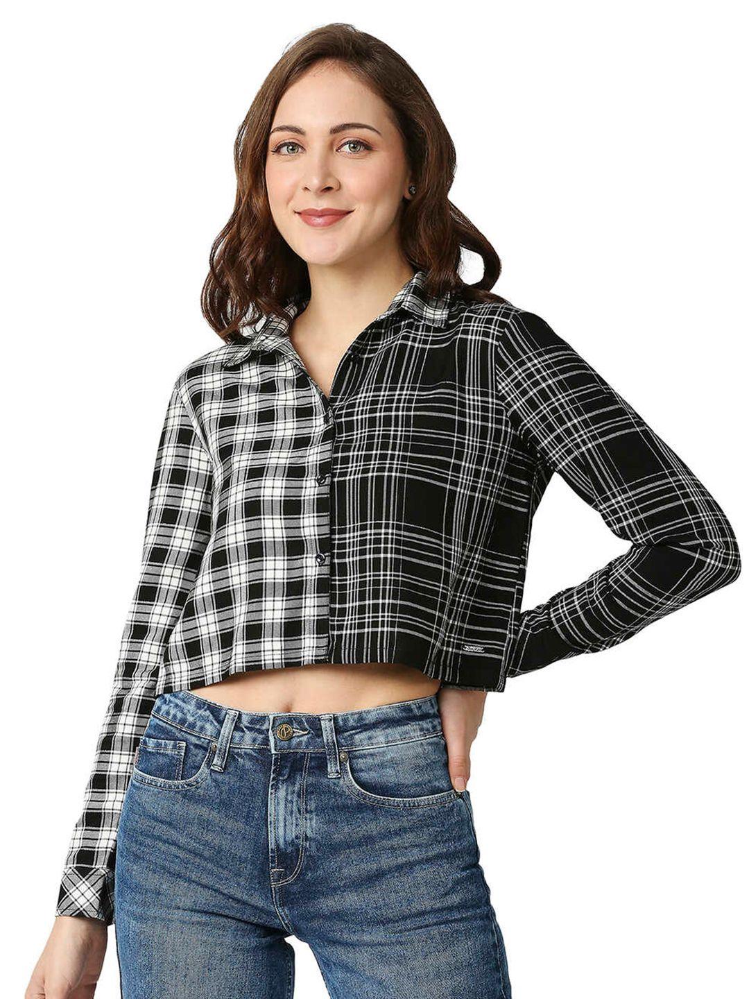 pepe jeans women black tartan checks checked casual shirt