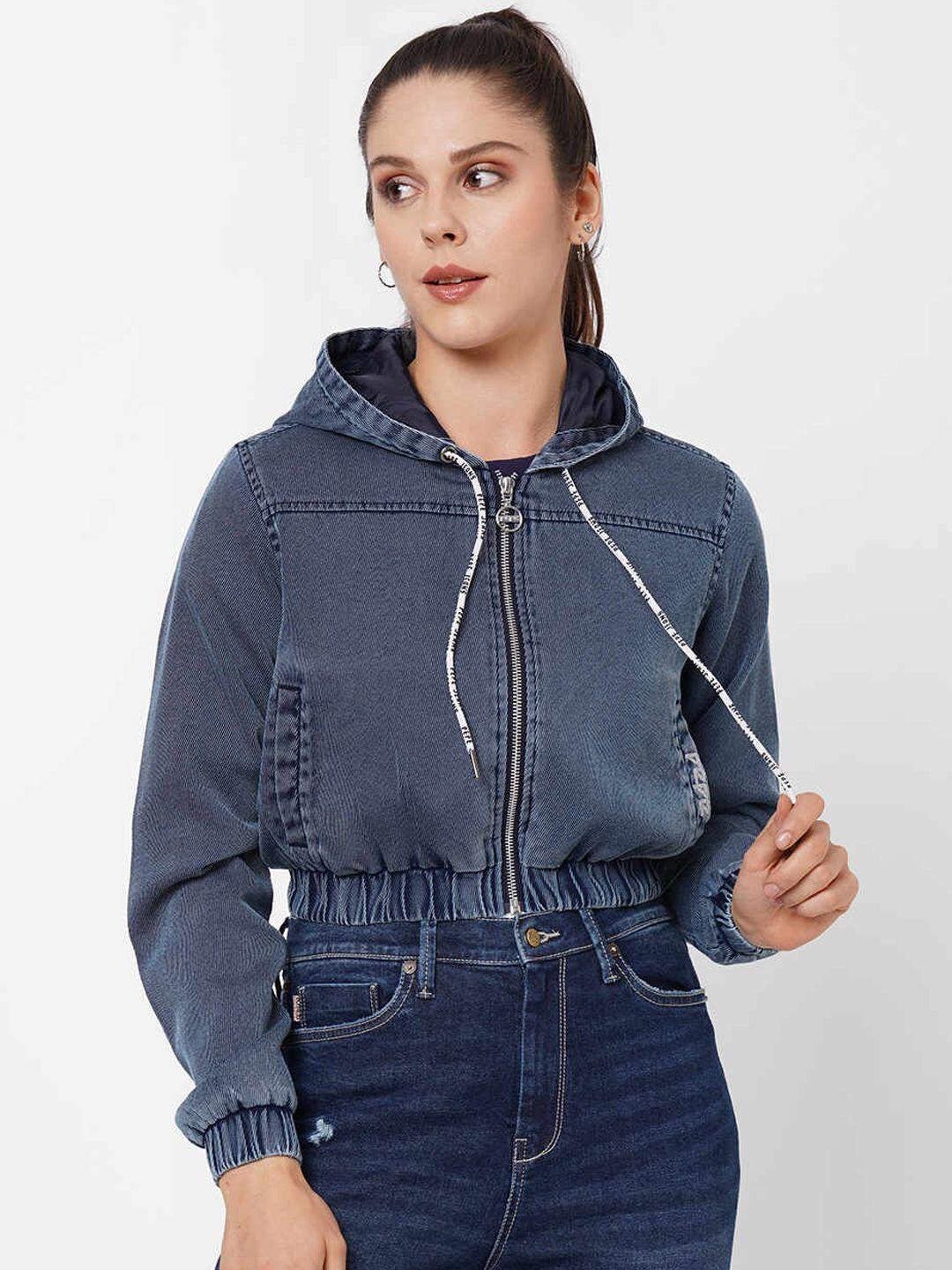 pepe jeans women blue crop hooded denim jacket