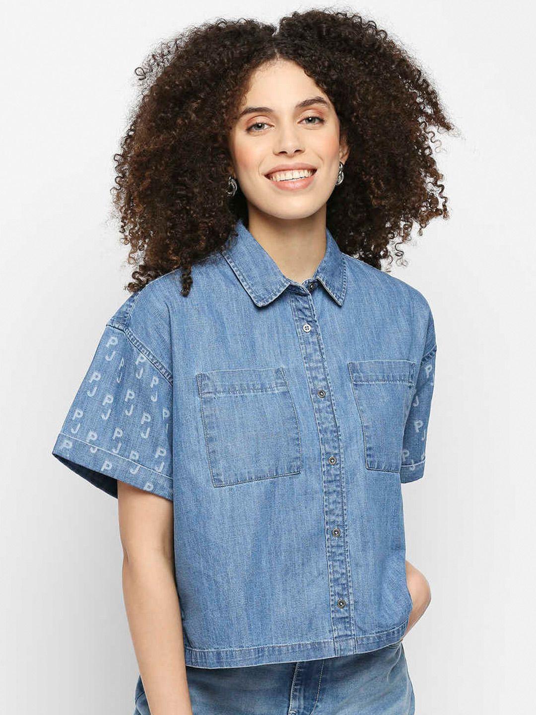 pepe jeans women blue faded denim casual shirt