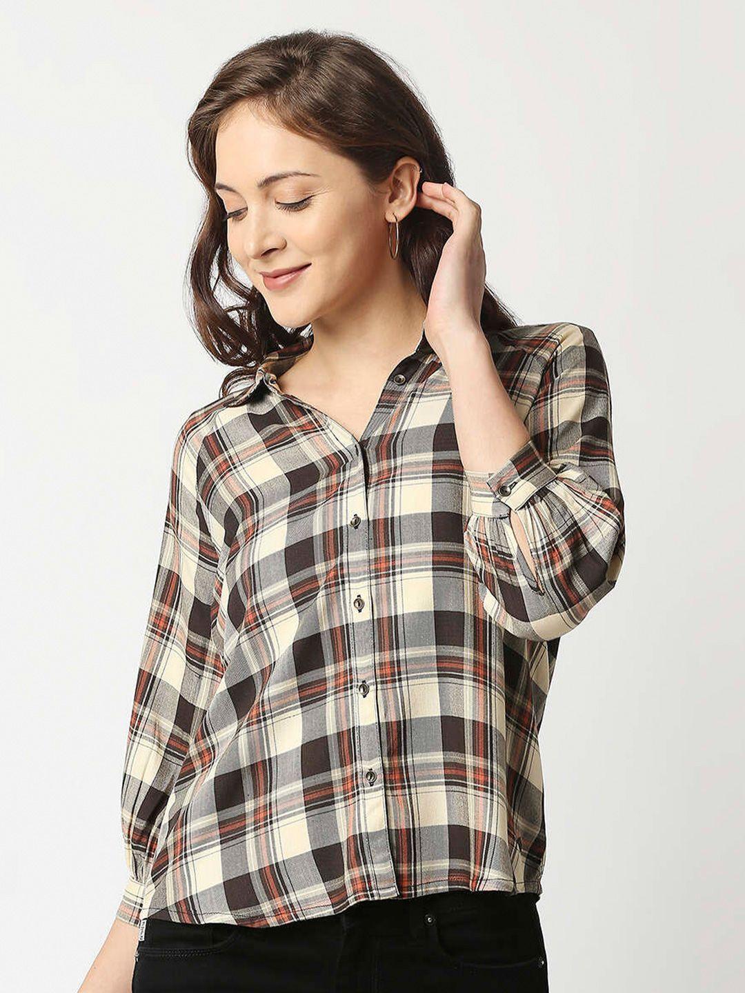 pepe jeans women brown boxy tartan checked casual shirt