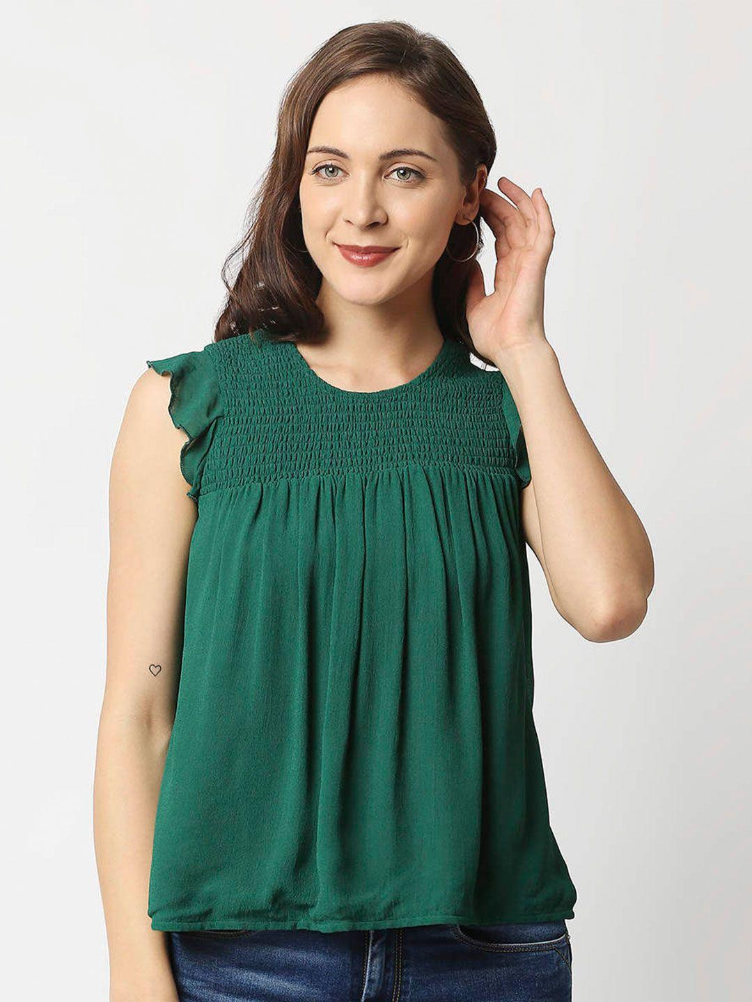 pepe jeans women green frill detail sleeve smocking detail top