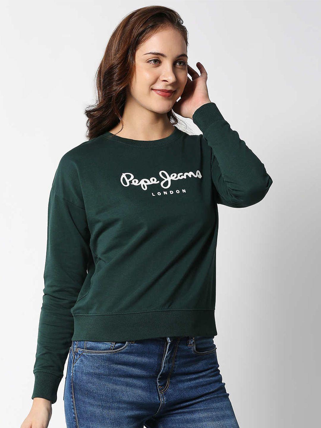 pepe jeans women green printed cotton sweatshirt
