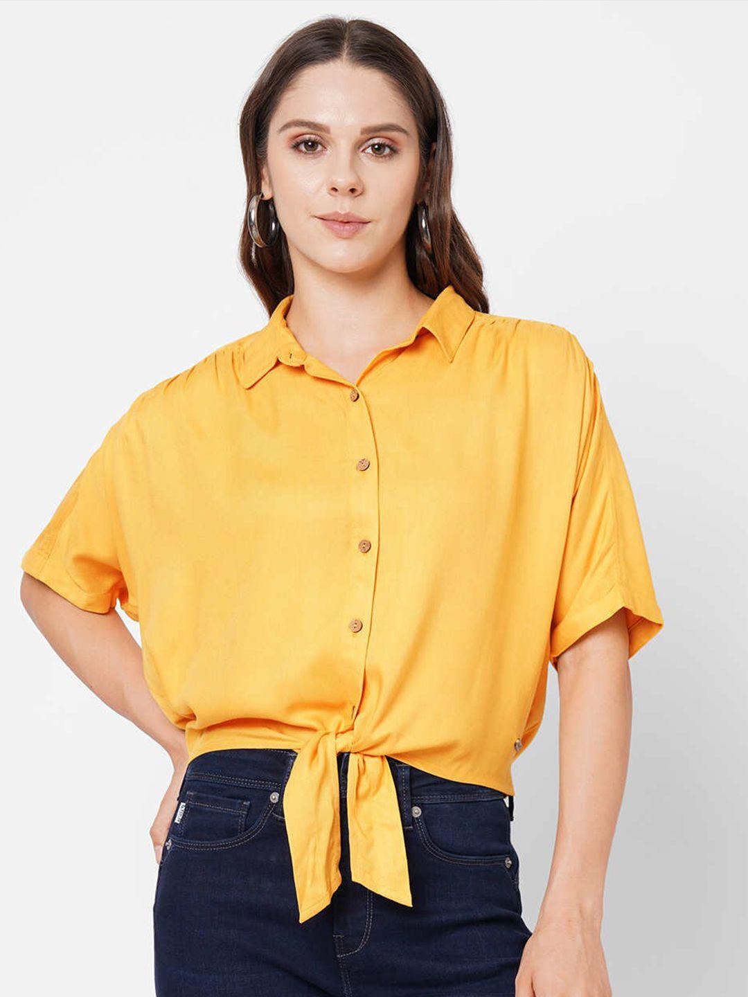 pepe jeans women mustard boxy shirt with gathers at shoulder