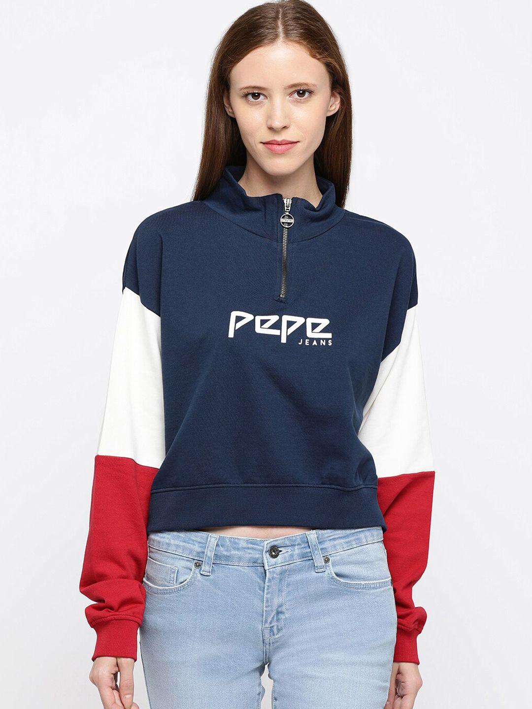 pepe jeans women navy blue & white printed sweatshirt