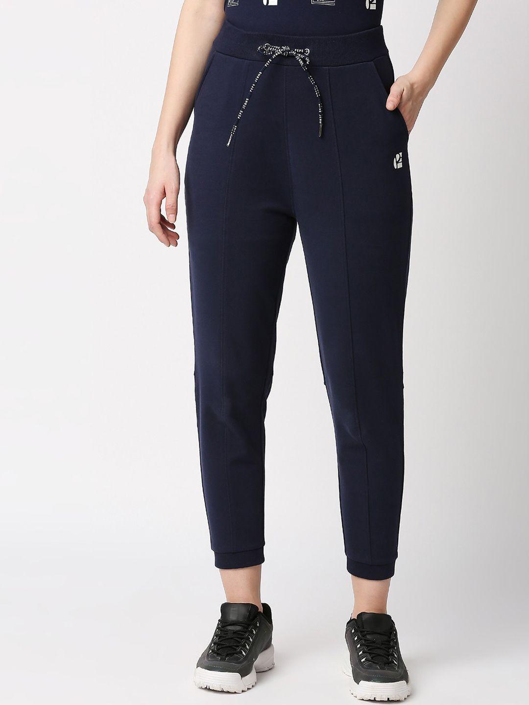 pepe jeans women navy blue solid straight-fit cotton joggers