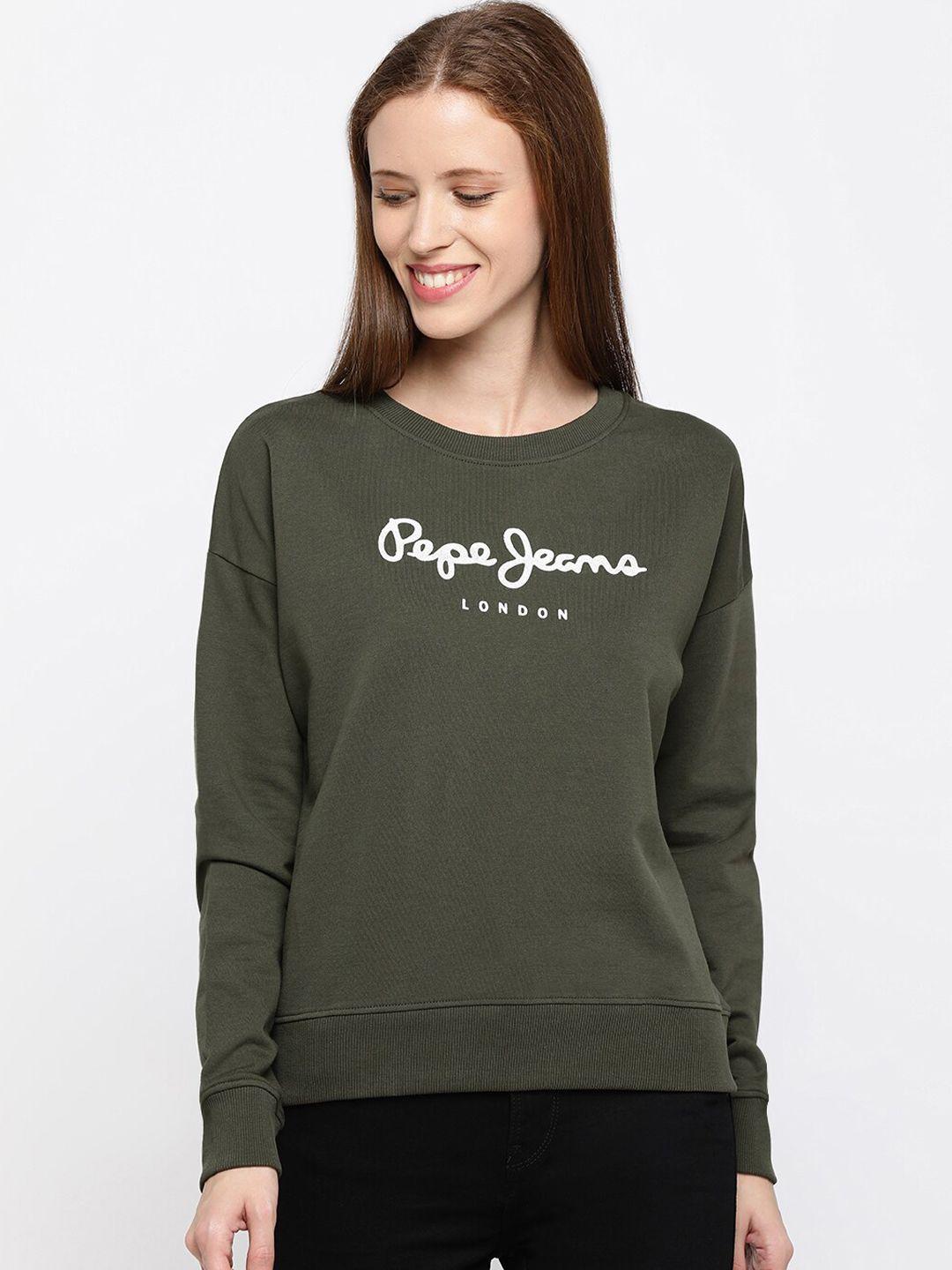 pepe jeans women olive green printed sweatshirt