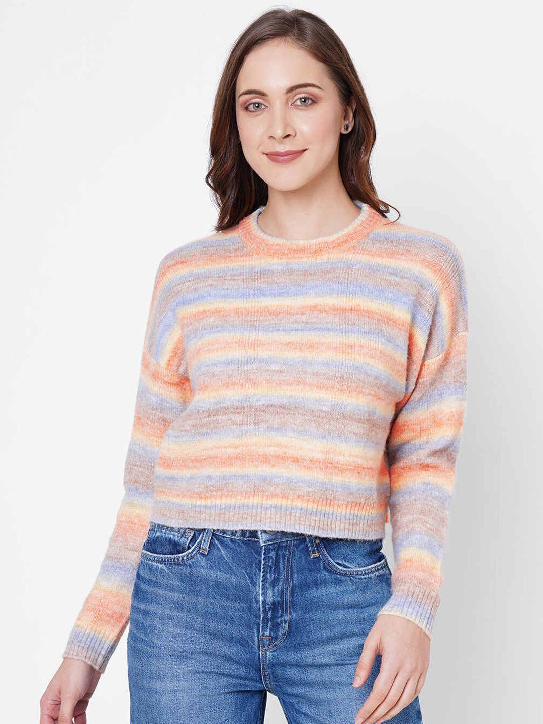 pepe jeans women orange & blue striped pullover