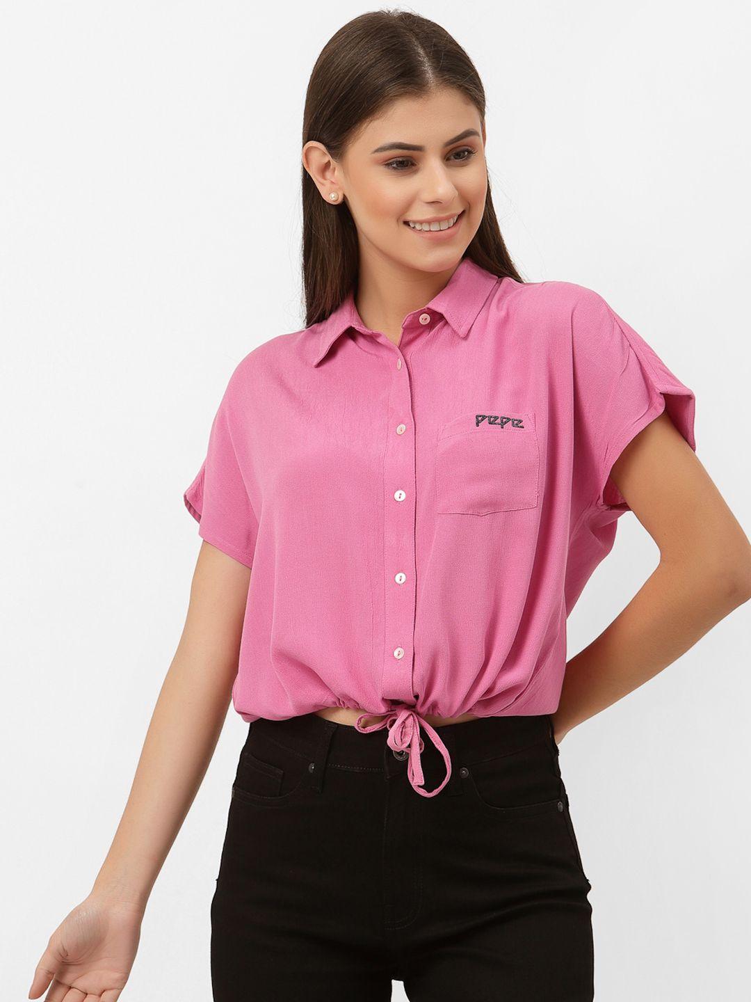 pepe jeans women pink solid casual shirt with tie-up hem