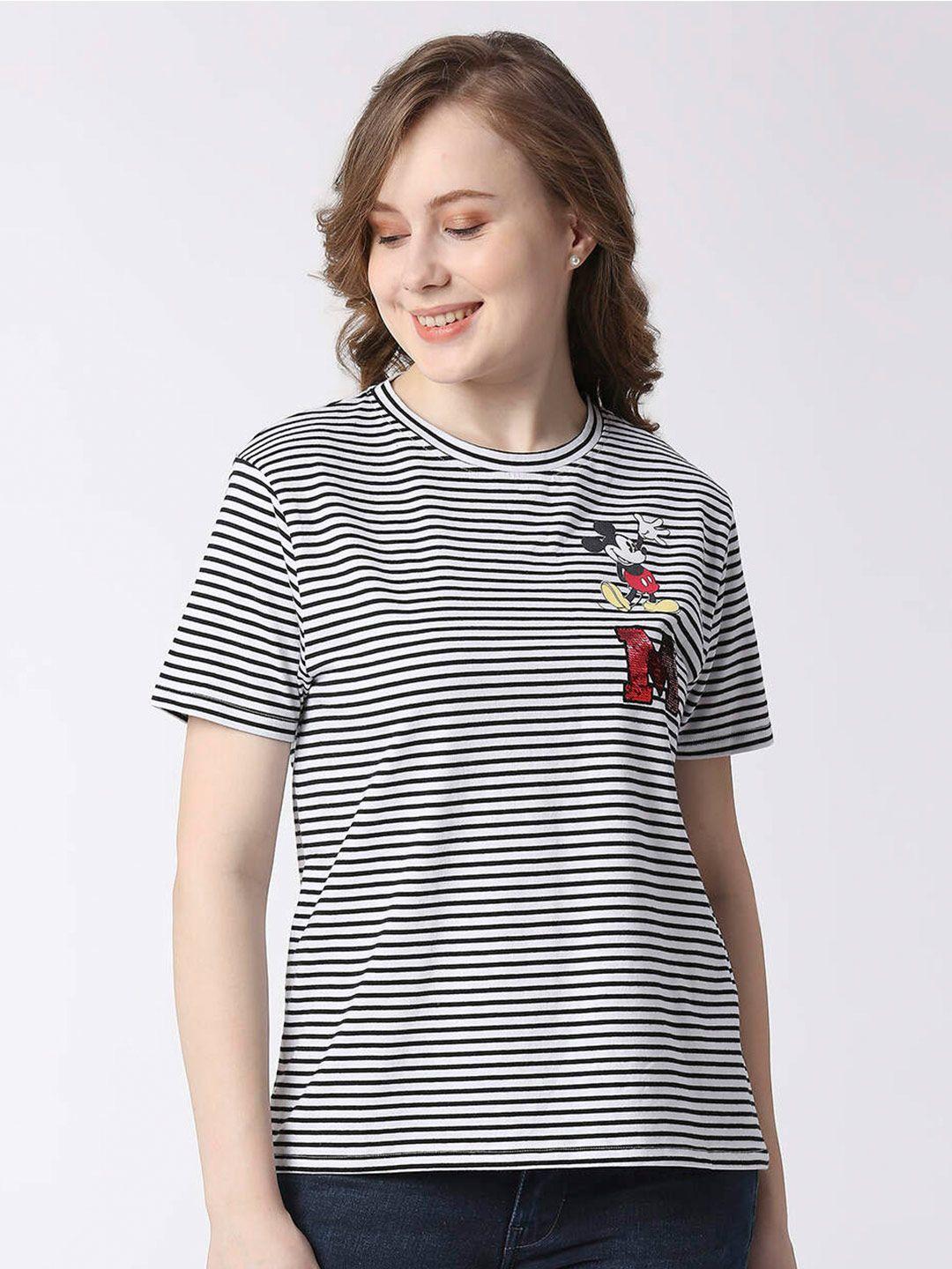 pepe jeans women striped mickey mouse round neck cotton t-shirt