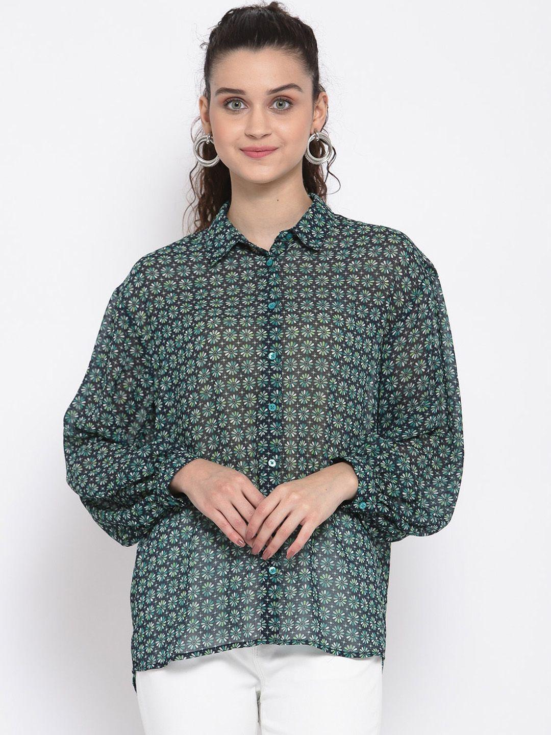 pepe jeans women teal green & black regular fit printed casual shirt